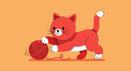 Cute Cartoon Red Cat Playing with Ball of Yarn © Muhammad Zayyan Rayy