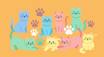 Cute Colorful Cartoon Cats and Paw Prints Pattern © Muhammad Zayyan Rayy