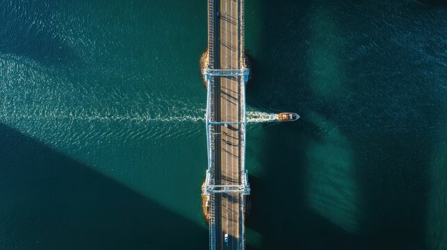 Overhead View of Modern Bridge Spanning Deep Blue Water with Passing Boat