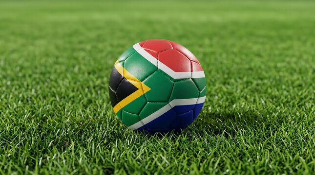 Soccer ball on field grass with colors of South Africa flag