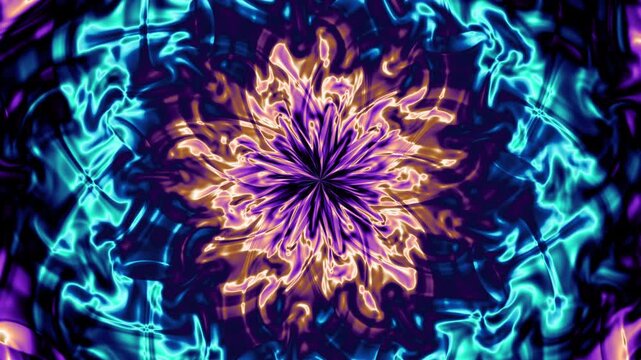 Neon fluid abstract background loop. Radial turbulent swirling flow emanating from center point.