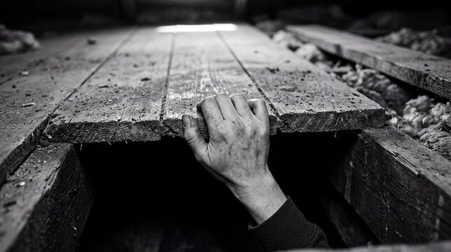 A dirty, desperate hand grips the edge of a rough wooden floorboard from the darkness below. It conveys a terrifying sense of frantic escape, hidden danger, and suffocating entrapment.