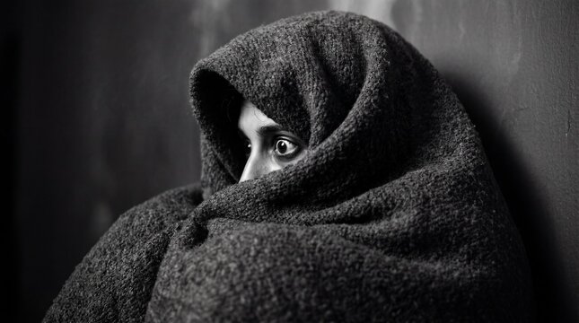 A person cowers against a dark wall, eyes wide with terror, tightly wrapped in a heavy, textured blanket. The image radiates intense fear, overwhelming anxiety, and chilling vulnerability.