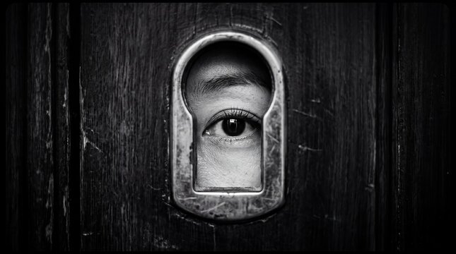 A single, intense eye peers through an old, metallic keyhole set in dark wood. The high-contrast black-and-white scene projects an aura of paranoid surveillance, hidden secrets, and eerie voyeurism.
