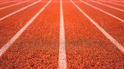 Naklejka premium An abstract close up perspective of an empty athletic running track showcasing the vibrant orange red surface and white lane lines ideal for sports backgrounds