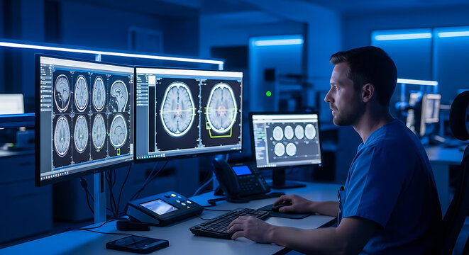 Radiologist analyzing brain scans on multiple medical monitors