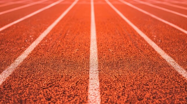 An abstract close up perspective of an empty athletic running track showcasing the vibrant orange red surface and white lane lines ideal for sports backgrounds