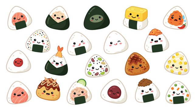 A delightful collection of kawaii-style onigiri rice balls, each with a unique cute face and various toppings, arranged in a playful pattern.