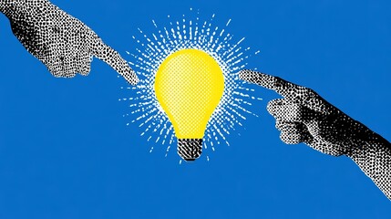Obraz premium Creative halftone graphic with two black-white dotted stylized hands pointing toward central glowing yellow textured lightbulb surrounded by radiant white rays on vivid solid blue backdrop