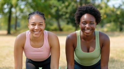 Fototapeta premium Two diverse women in sporty tank tops smile warmly at the while outdoors in a sunlit park embodying friendship and active lifestyle