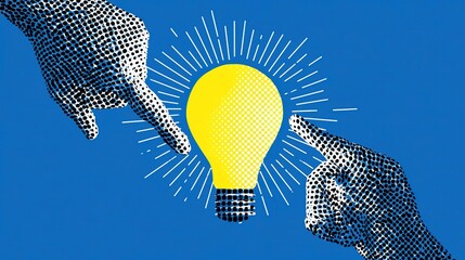 Obraz premium Creative halftone graphic with two black-white dotted stylized hands pointing toward central glowing yellow textured lightbulb surrounded by radiant white rays on vivid solid blue backdrop