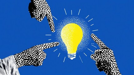 Obraz premium Creative halftone graphic with two black-white dotted stylized hands pointing toward central glowing yellow textured lightbulb surrounded by radiant white rays on vivid solid blue backdrop