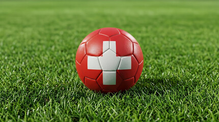 Obraz premium Football on turf grass with Swiss red cross flag design