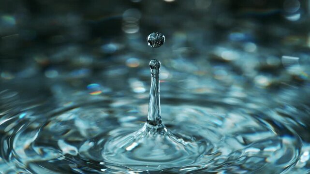 Macro close-up of a falling water drop creating a splash and ripples on a clear water surface. High-speed capture revealing fluid motion, transparency, and intricate details.