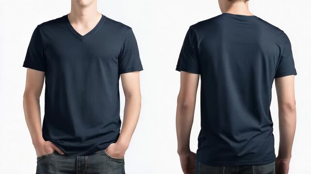 Display of a simple dark v-neck t-shirt from both front and back views suitable for casual wear in any setting