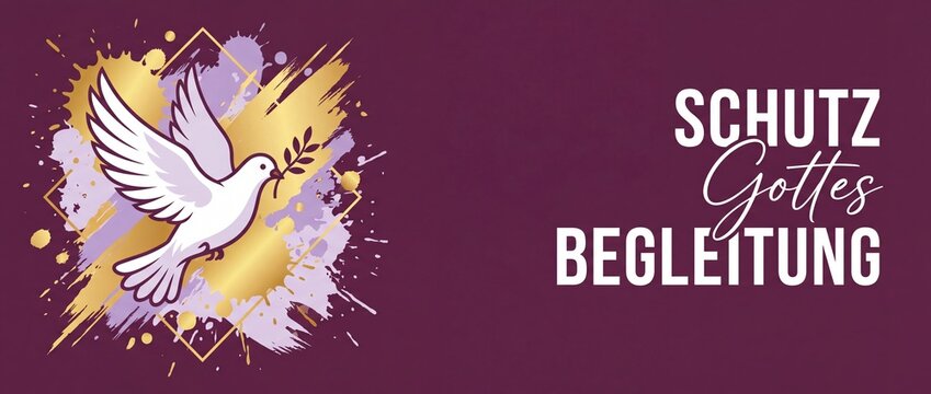 Christian flying white peace dove banner with German text Schutz Gottes Begleitung, gold splatters on deep purple background for Communion, Confirmation, baptism cards and spiritual blessing design.