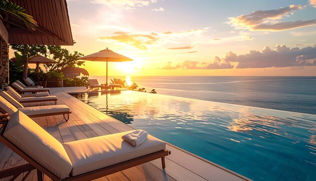 A serene infinity pool overlooking the ocean at sunset (818)