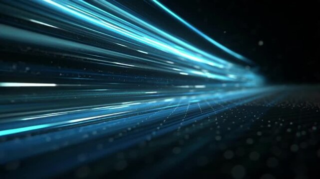 Dynamic blue light streams visualizing swift data transmission across an interconnected digital network, representing technological progress and futuristic motion