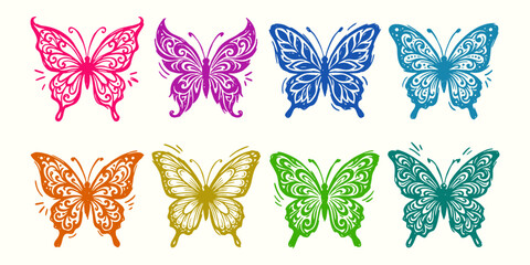 Fototapeta premium Elegant Hand Drawn Butterfly Vector Logo Collection: Unique Ornamental Sketch Icons for Professional Beauty Branding