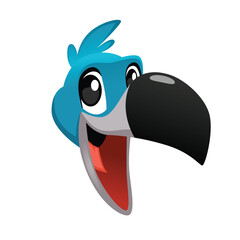 Obraz premium Cute blue toucan cartoon head mascot illustration with large beak, cheerful expression, and playful design. Adorable tropical bird character suitable for children's education, zoo themes, wildlife pro