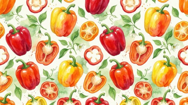 Bell pepper watercolor seamless pattern with red, yellow, and orange capsicum slices and green leaves for food packaging or textile design
