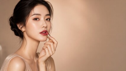 Naklejka premium High End Cosmetic Advertisement Featuring Asian Female with Red Lipstick subject beauty luxury commercial