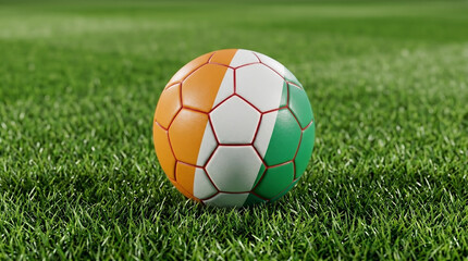 Fototapeta premium Football on turf grass with flag of Ivory Coast colors