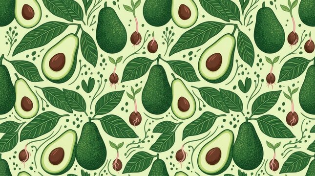 Avocado seamless pattern illustration with whole fruit, halved avocados with pits, sprouts, and green leaves for healthy lifestyle branding and packaging.