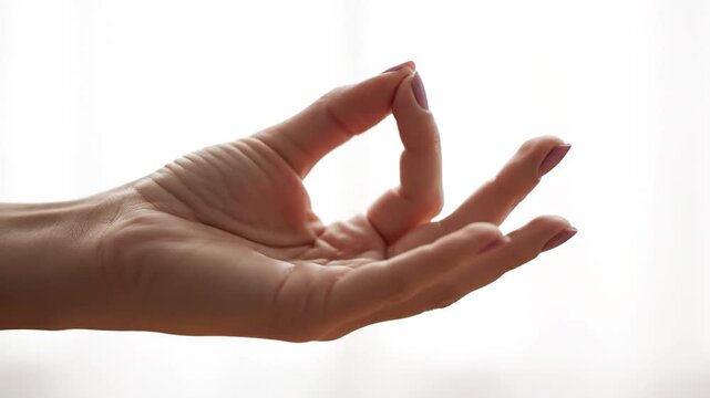 Close up of female hand in zen meditation mudra gesture against bright white background