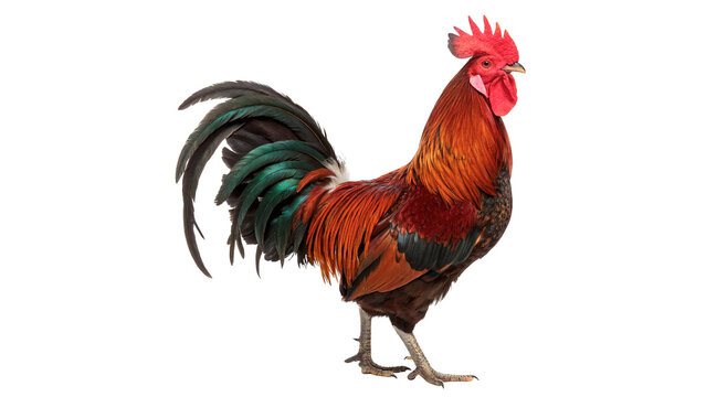 Beautiful bright rooster cockerel bird standing looking alert facing left isolated on transparent background
