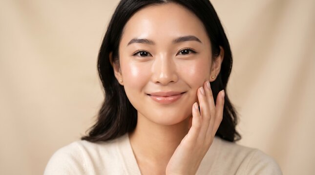 Smiling asian woman applying skincare on her face