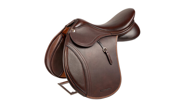 Professional brown leather equestrian horse riding saddle gear object isolated on transparent background