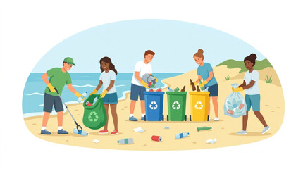 Fototapeta premium Diverse group of volunteers actively cleaning a sandy beach by collecting litter and separating recyclables into colorful bins near the ocean