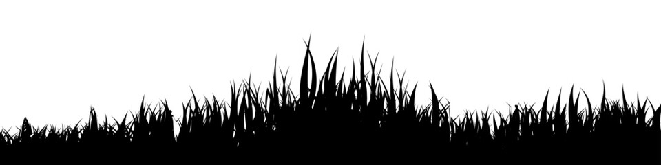 Obraz premium Meadow silhouette with grass, plants on plain. Panoramic summer lawn landscape with herbs, various weeds. Herbal border, frame element. Black horizontal banners. Vector illustration