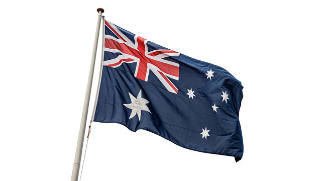 National flag of Australia waving on a metallic silver flagpole isolated on transparent background