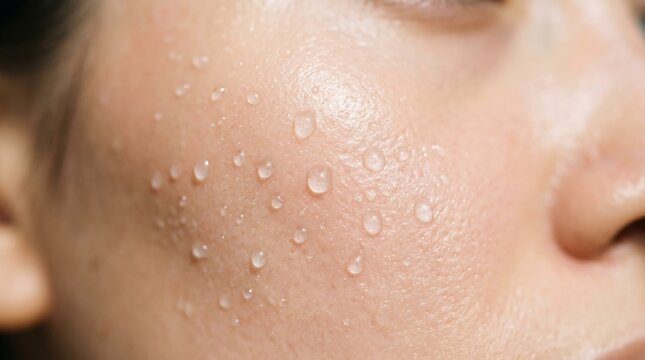 Sweaty face with water droplets on skin