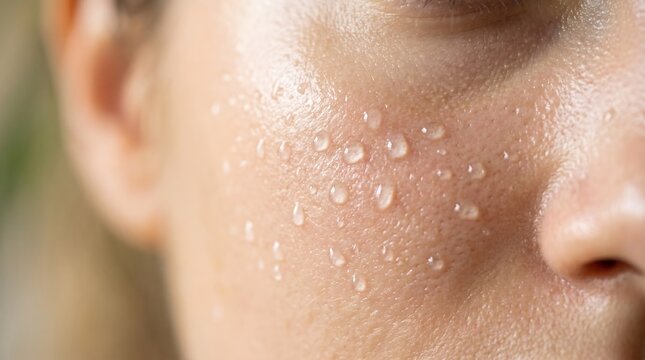 Close-up of sweaty face with water droplets on cheek