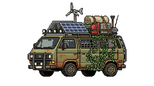 Post Apocalyptic Survival Camper Van Pixel Art with Solar Panels Wind Turbine and Overgrown Ivy Vegetation