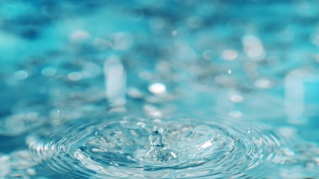 Macro close-up of a falling water drop creating a splash and ripples on a clear water surface. High-speed capture revealing fluid motion, transparency, and intricate details.
