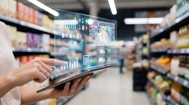 Digital engagement analyzing retail data with advanced technology supermarket visual interaction indoor close-up perspective