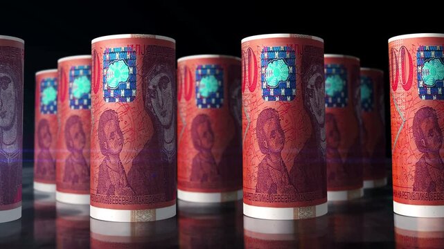 North Macedonia denars money rolls loop 3d. Camera moving in front of 1000 MKD rolling banknotes. Seamless loopable concept of economy, finance, business and debt.