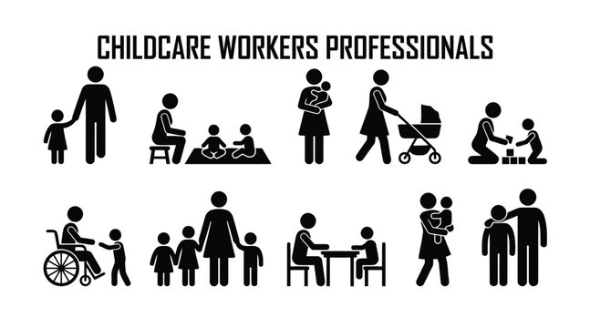 Childcare workers professionals icon set, daycare teacher and nanny stick figure pictograms, nursery staff caring for children and infants