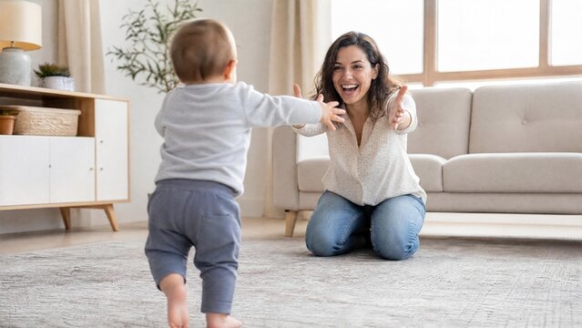 Happy Baby Boy Taking His First Steps Toward Excited Mother at Home
