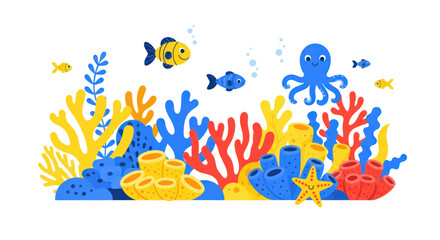 Colorful cartoon octopus and fish sea. © tuyun
