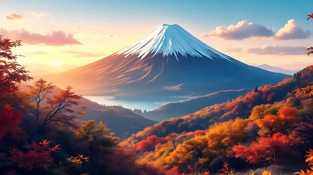 Stunning photograph of mount fuji at sunset in autumn, with snowcapped peak, red and golden trees, and orange clouds. Suitable for travel brochures, calendars, and naturethemed designs.