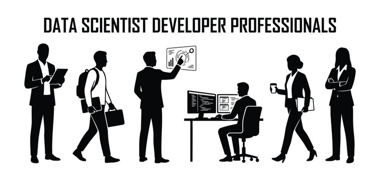 Data scientist developer professionals silhouettes, IT software engineer team working on computers, business people office staff vector set