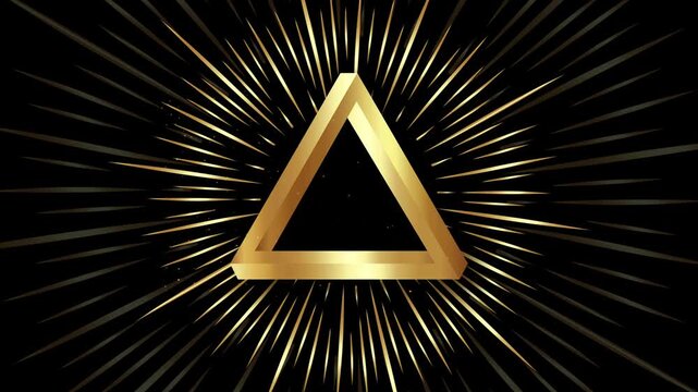 Animation of Sacred Geometry, gold mystical infinity symbol, Impossible triangle. Penrose optical illusion. Rotation, pulse of mystical sun rays, the eye of God. Video loop, black galaxy background