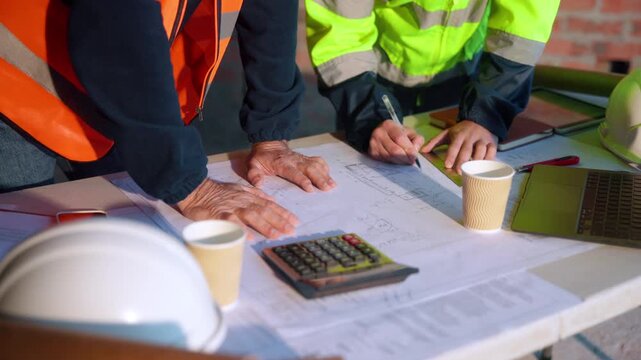 Team, hands and writing on blueprint for planning, measurement review and collaboration. Architect, people and floorplan at worksite for compliance, project adjustment and accuracy for development