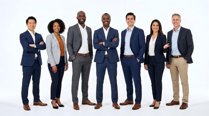 Obraz premium Diverse group of professional businesspeople standing together in formal attire, ready for collaboration, leadership, and success