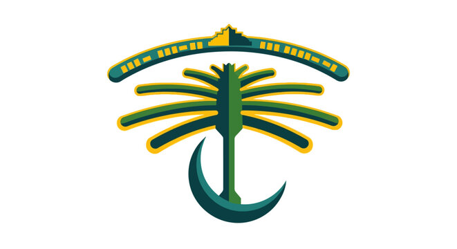 Colorful Illustrated Palm Tree Emblem with Arabic Script.